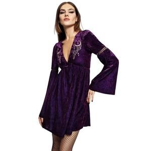 NEW Disturbia Goth Dress 12 Heartache Crushed Velour Lace Mini Dress Purple